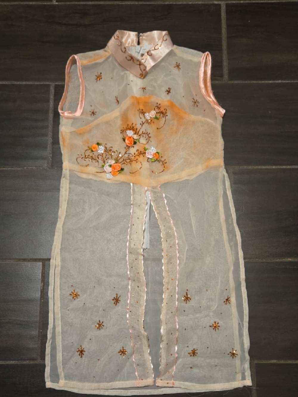 Kids Asian Style Peach Floral Embroidered Sheer Tunic & Satin Pants Set NWOT - Picture 3 of 7